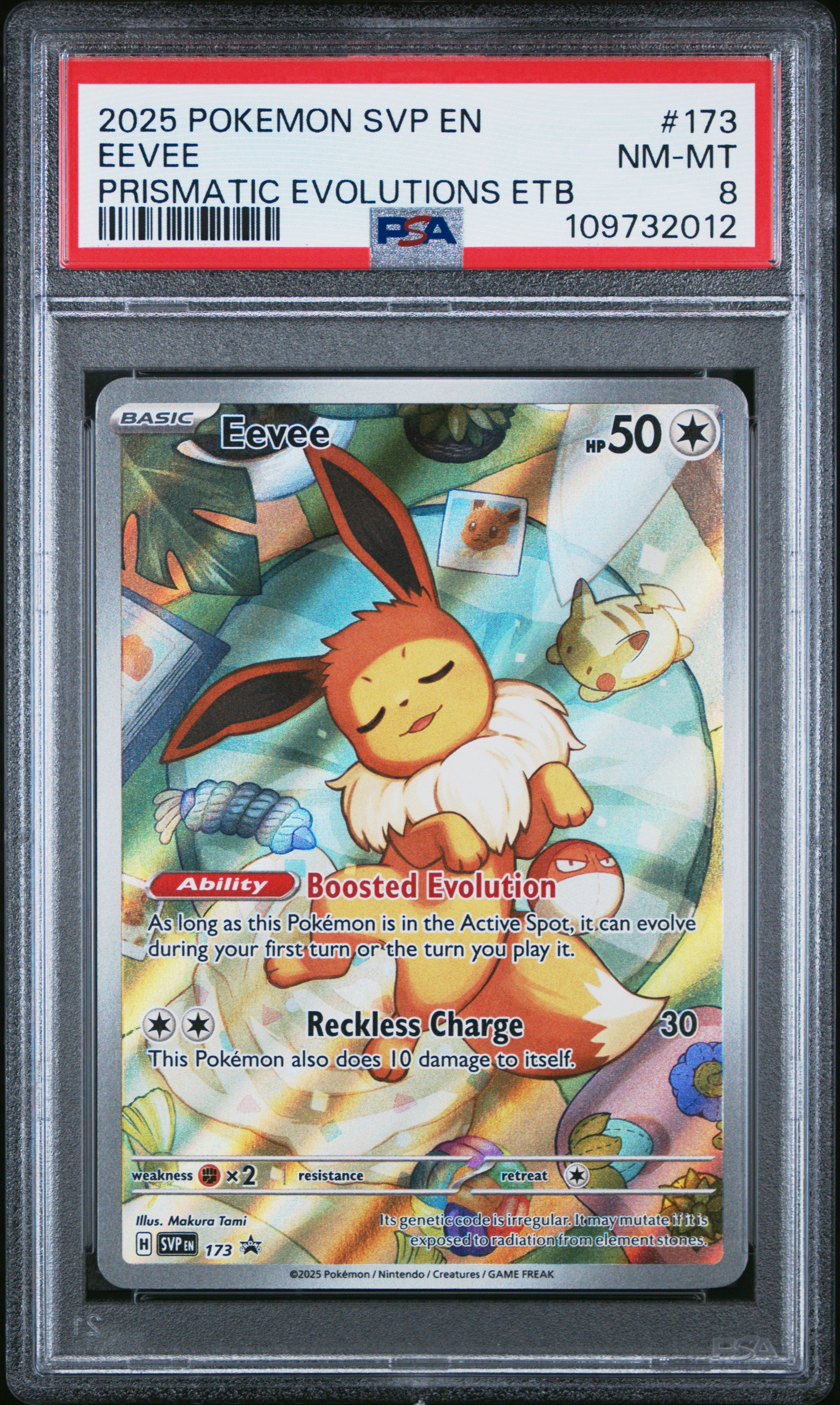 PSA 8 Eevee #173 – Prismatic Evolutions ETB Promo (front)